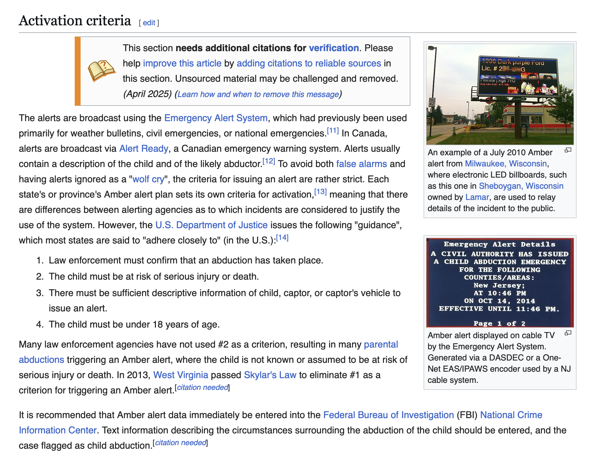 A screenshot of the Wikipedia "Activation criteria" section for AMBER alerts, listing the four U.S. Department of Justice criteria: law enforcement must confirm an abduction has taken place, the child must be at risk of serious injury or death, there must be sufficient descriptive information, and the child must be under 18 years of age.