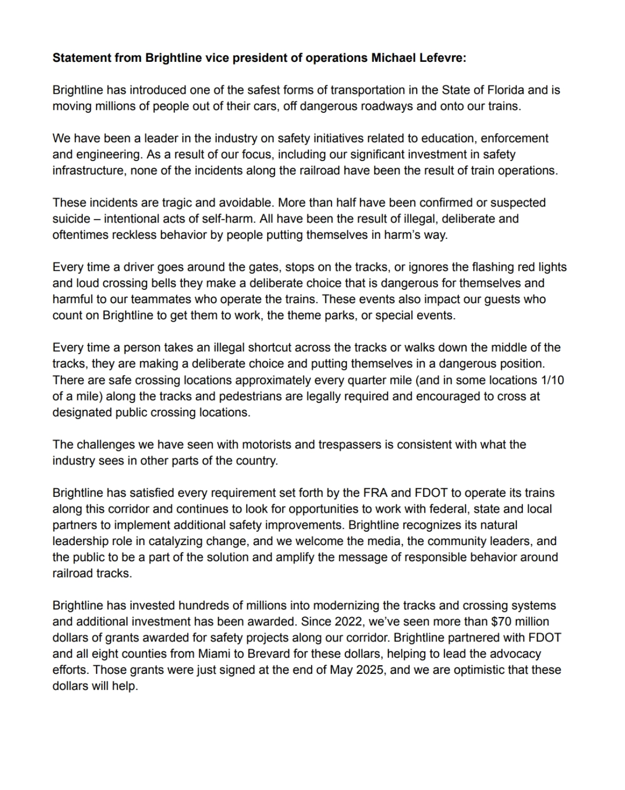 Brightline's public statement addressing the deaths along its rail line.